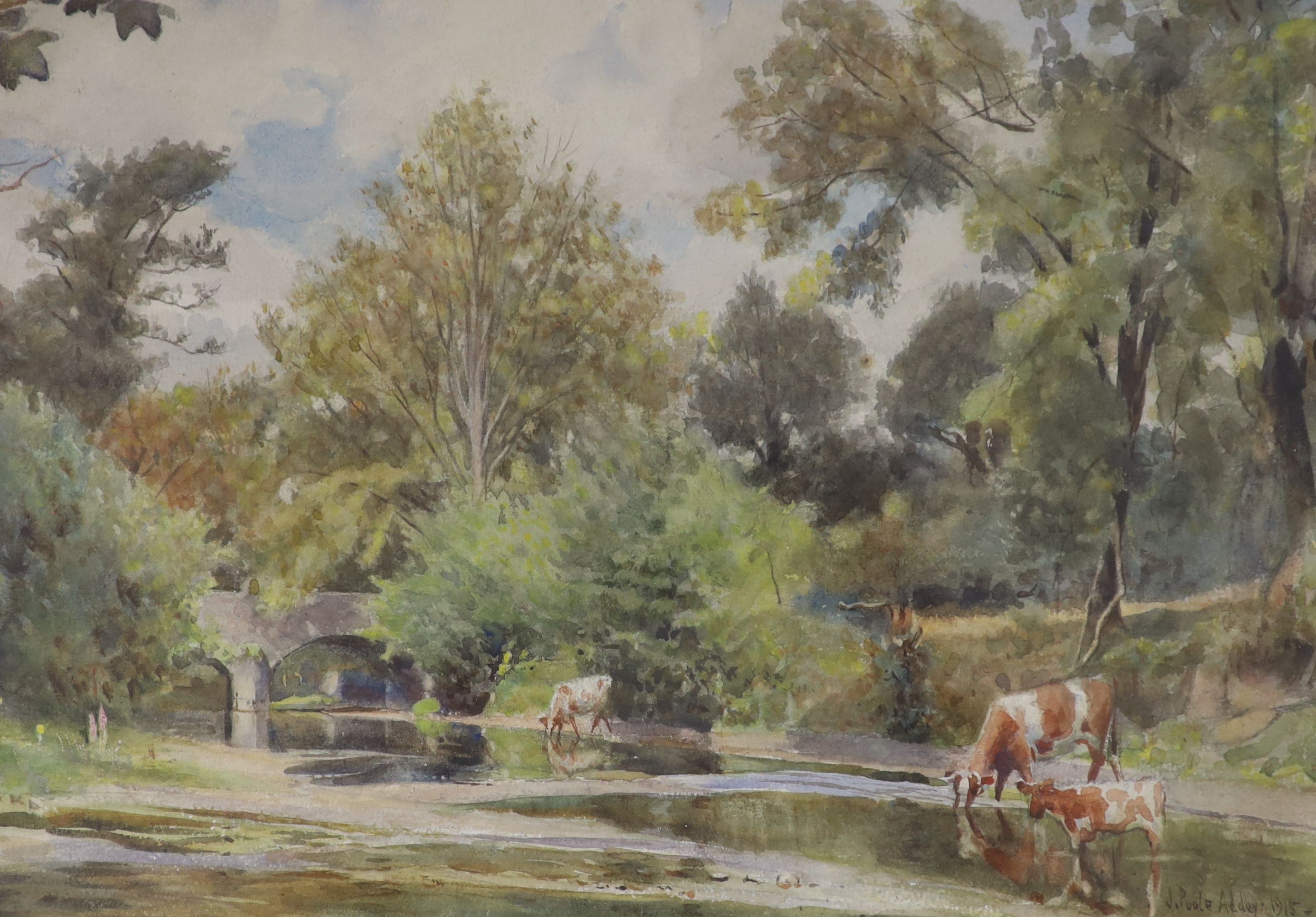 Joseph Poole Addey (1852-1922), watercolour, Cattle watering, signed and dated 1915, 25 x 37cm and a watercolour after A.J. Meadows